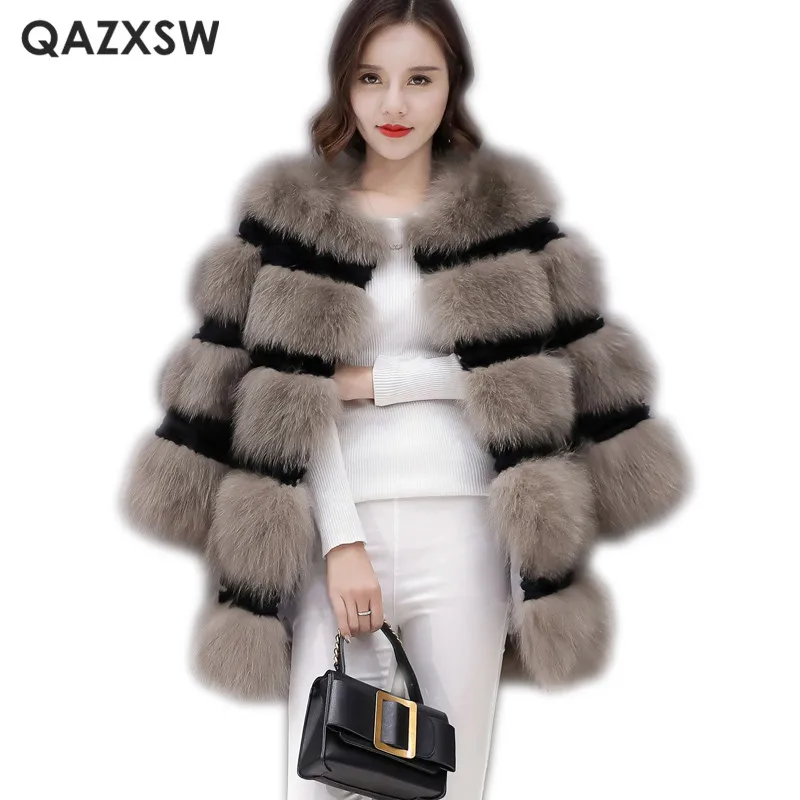 QAZXSW Fox Fur Coat 2017 New Autumn and Winter Real Fur Jacket Women Fashion Fox Fur Jacket Female Parkas LH1306