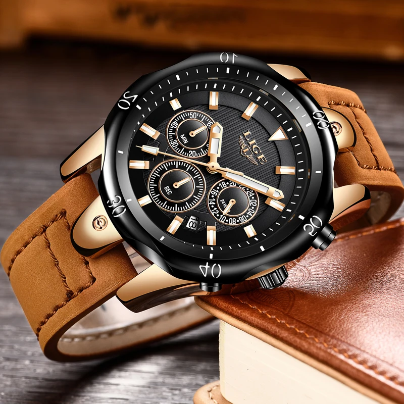 

LIGE Mens Watches Top Brand Luxury Gold Quartz Watch Men Casual Leather Military Waterproof Sport Wrist Watch Relogio Masculino
