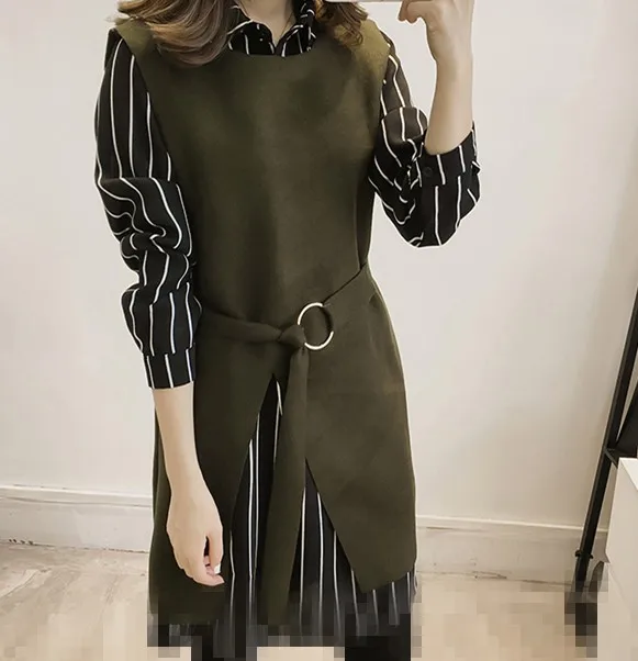 

Fall Long Sleeve Striped Dress+Vest Two Piece Set Women Spring Belt Elegant Dress Work Suit with Belt Plus Size Women's Costumes