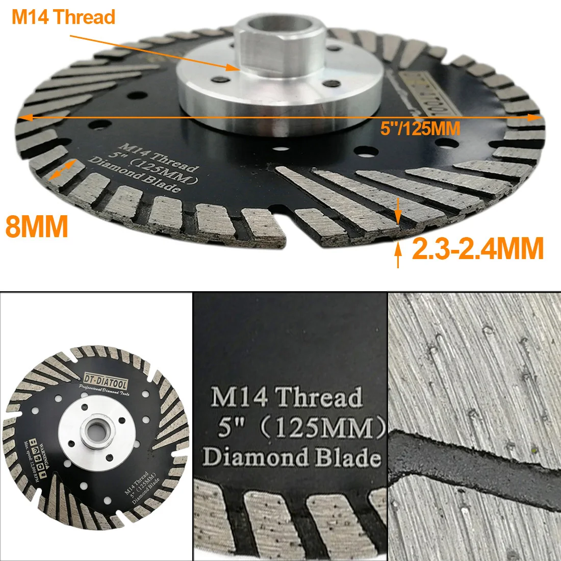 DT-DIATOOL 1pc 4.5" Diamond Cutting Disc with Slant Protection Teeth M14 thread for Stone Marble Brick Saw Blades Dia 4.5"/115mm