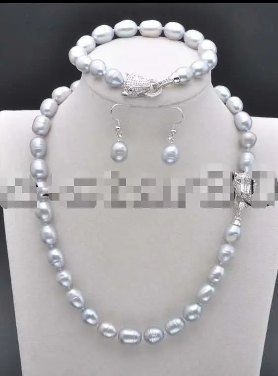 

SHIPPING HOT sell new Style >>>>Set 13mm Gray Rice FW Pearl Necklace & Bracelet & Earring Panthera