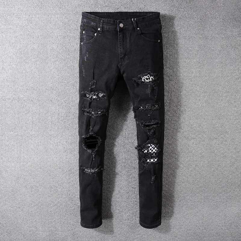

Fashion Streetwear Men Jeans Black Color Slim Fit Elastic Destroyed Ripped Jeans Men Patchwork Designer Hip Hop Jeans Size 28-40