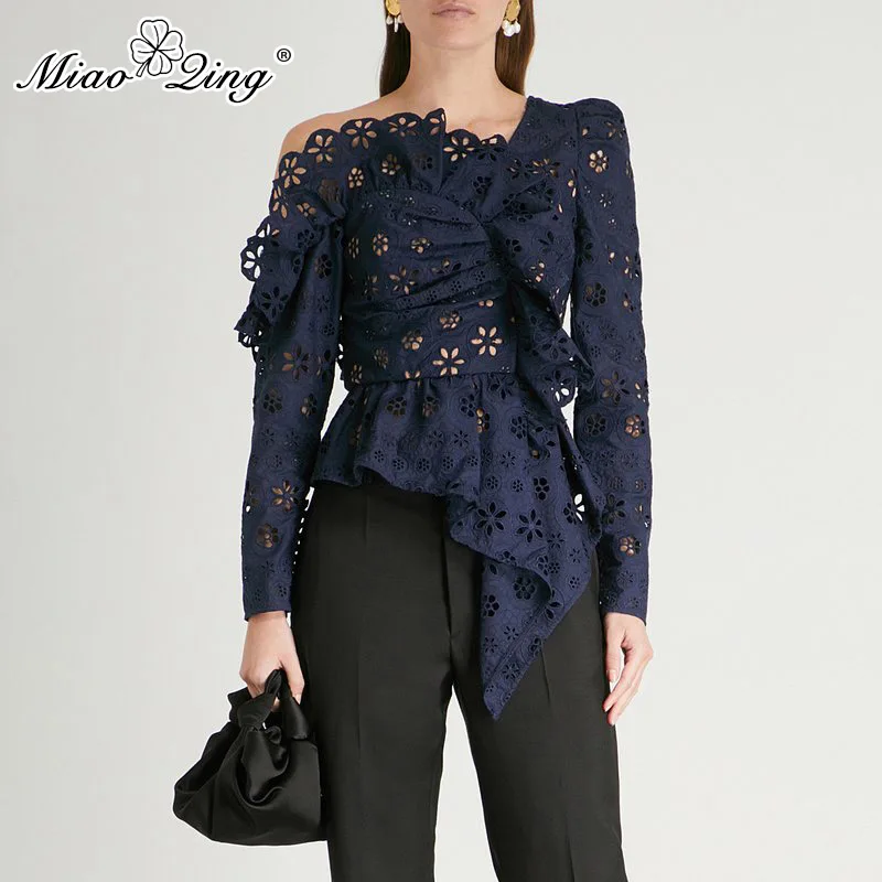 

MIAOQING Lace Shirts Blouse Female Long Sleeve Off Shoulder Hollow Out Asymmetrical Tops Female Autumn 2019 Sexy Fashion