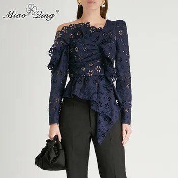 

MIAOQING Lace Shirts Blouse Female Long Sleeve Off Shoulder Hollow Out Asymmetrical Tops Female Autumn 2019 Sexy Fashion