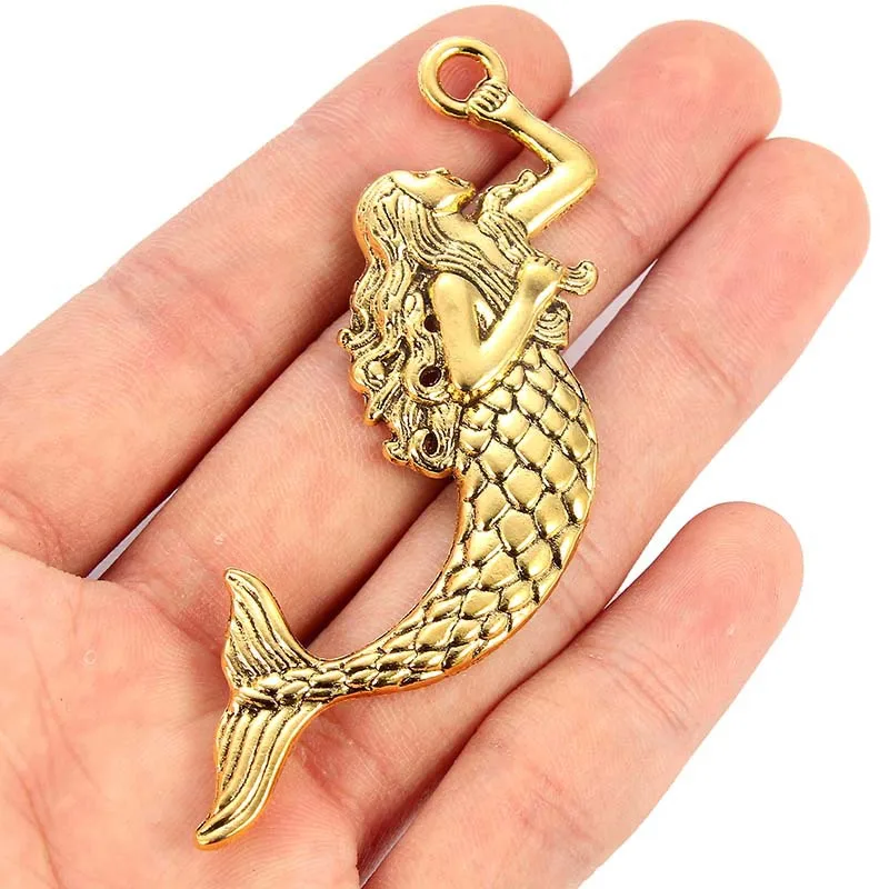 

TJP 2pcs Antique Gold Tone Big Large Mermaid Charms Pendants for Necklaces Jewelry Making Findings 75x20mm