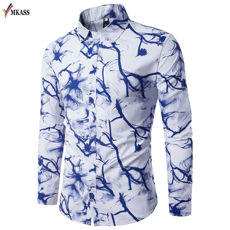 2018 New Spring Mens Shirts Long Sleeve Printing Ink Shirt Mens Cotton Shirts Homme Camisa Masculina Male Dress Shirt M-XXL