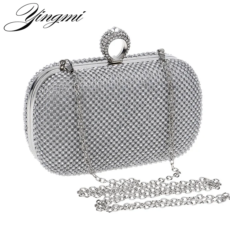 YINGMI Women Rhinestones Evening Bags Silver/Gold/Black Finger Ring Diamonds Chain Shoulder Day Clutch Small Purse Evening Bags
