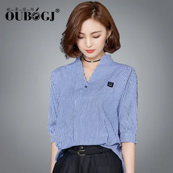 

OUBOGJ 2018 Striped Blouse Top Women Korean Fashion V-neck 7/10 Sleeve 100% Cotton Summer Women's Shirt Kimono S-XL