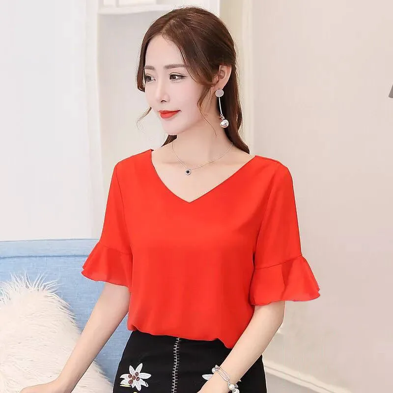 Women Spring Summer Style Chiffon Blouses Shirts Lady Brand Backless V-Neck Flare Sleeve Blousas Tops Feminina DD1625 Blouses