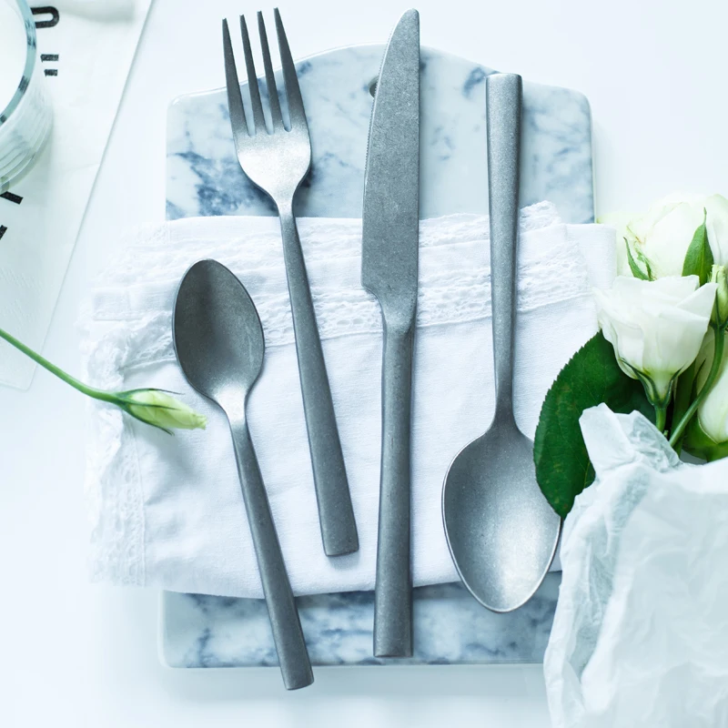 4 pcs of Handmade Brushed retro old stainless steel European knife and fork set Western | Дом и сад