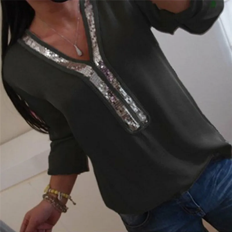 2019 Loose Sequin Top Shirts Glitter Sequins Tunic Shirt Autumn Women Fashion V Neck Pullover Tops Plus Size Fashion Casual