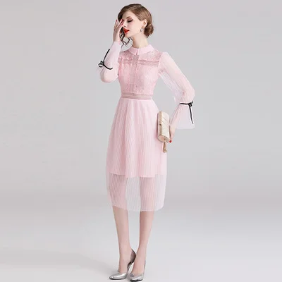 Fashion Sweet Girls Pink Lace Mesh Patchwork Pleated Dresses Women s Flare Sleeve Hollow Out Princess Party Dress Fashion Sweet Girls Pink Lace Mesh Patchwork Pleated Dresses Women s Flare Sleeve Hollow Out Princess Party Dress