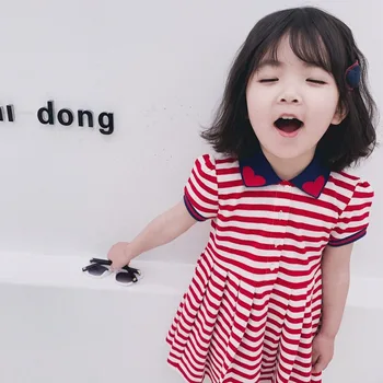 

Summer girls tee dress baby dress kids casual clothes Children brand vestidos collar heart red white striped 2 to 11 yrs