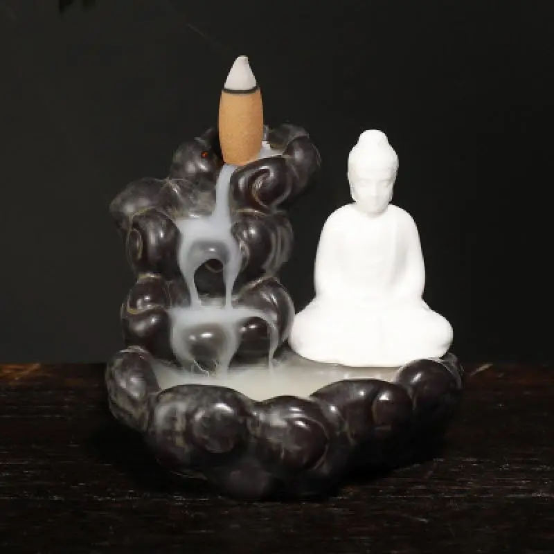 Traditional Buddha Smoke Waterfall Incense Burner Ceramic Craft Chinese Style Backflow Incense Holder Buddhism Home Decor - Цвет: 9