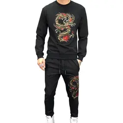 (2 шт./компл.) Правда гуляка модные черные мужские комплекты с вышивкой в китайском стиле спортивный костюм дракона Мужские Длинные рукава