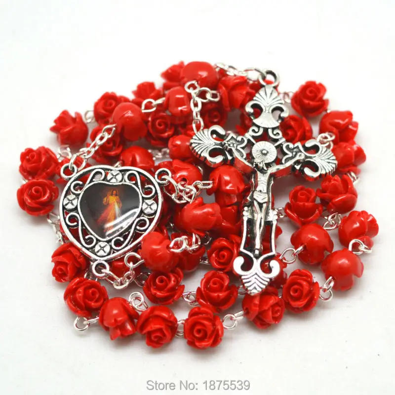 

Red Coral Flower Bead Jesus heart medal catholic rosary