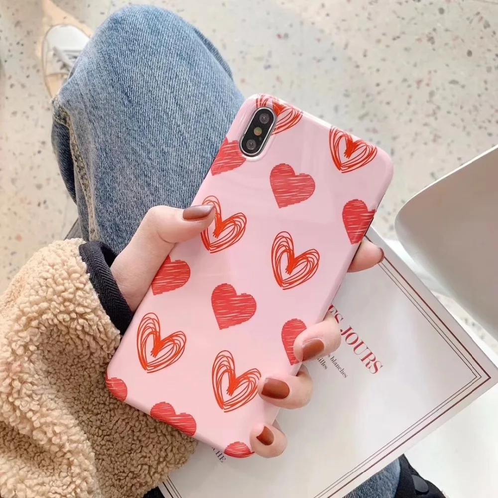 

lovely pink painting Love heart Phone Case For iphone X XR XS Max Case Fashion Glossy Soft Cover For iphone X XR XSMax XS Cases