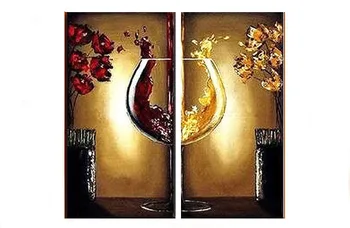 

2 Pieces Hand Painted Wine Cup and Flowers Oil Painting Wall Art-Modern Canvas Art Wall Decor