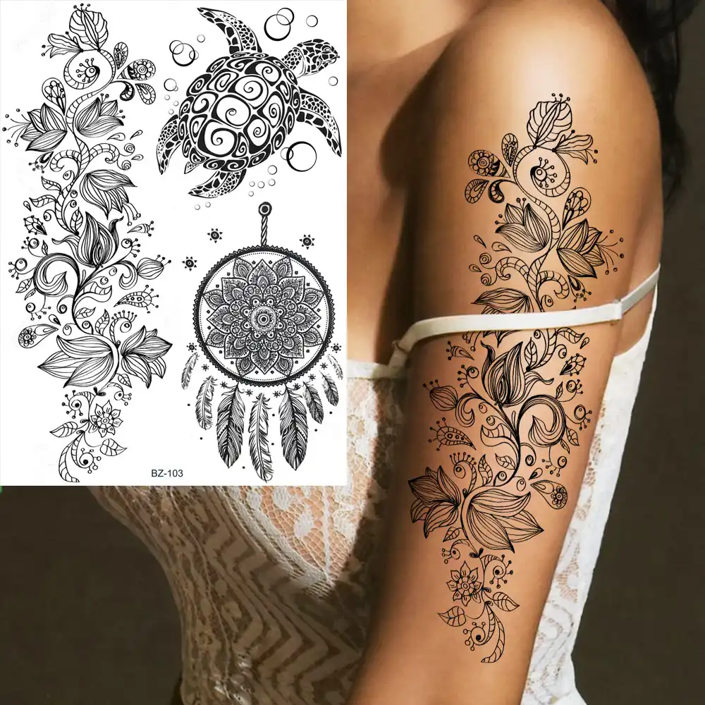 Large India Henna Flower Lotus Feather Mandala Tattoos For Women