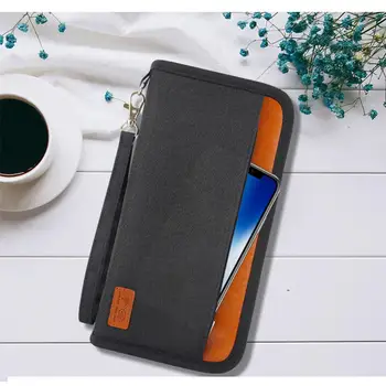 

Fashion Men Travel Wallet Passport Holder RFID Blocking Card Cash Coins Organiser with Hand Strap Holder Zipper Handbag