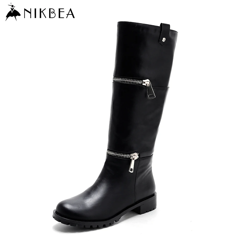 Nikbea Handmade Black Punk Rock Motorcycle Boots Women Knee High Boots