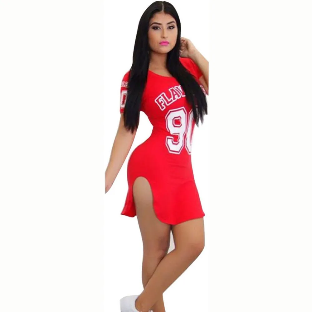 Summer Baseball Dresses For Women Red Letter Print Casual Asymmetrical
