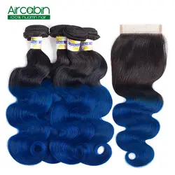 AirCabin предварительно Цветной Ombre объемная волна Связки с закрытием T1B/синий темно-корни синий бразильские волосы с закрытием не Remy