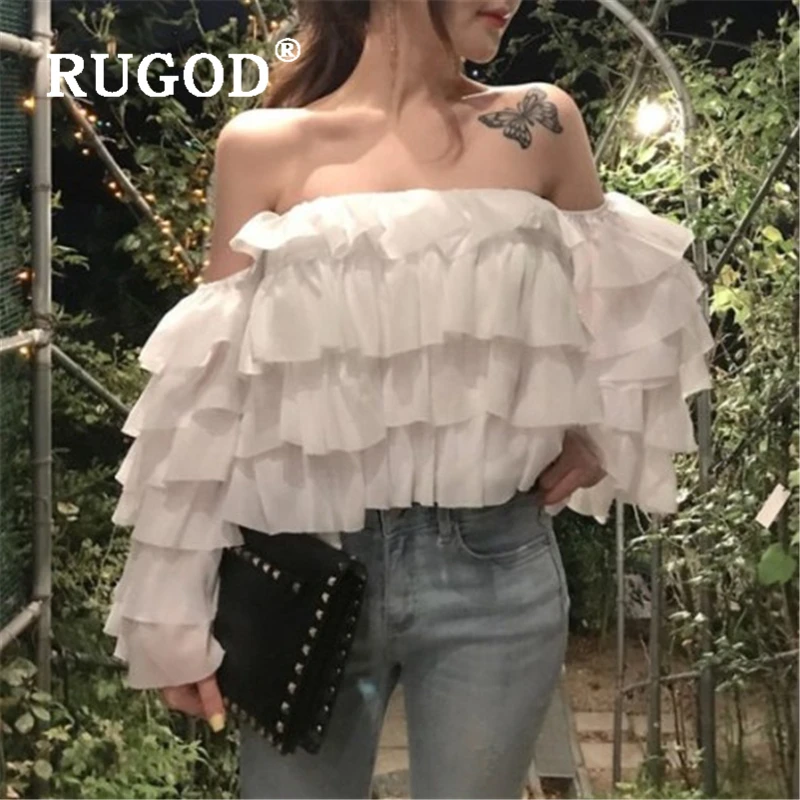 

RUGOD Sexy off sholder white blouse women Elegant ruffles flare sleeve shirts ladies blusas mujer de moda 2019 Korean tops femm