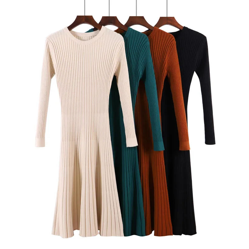 

Sweaters Dress Women Knitted Pullovers Sweater Autumn Winter High Quality Long Female Vintage A-Line Solid Thick Warm Dress