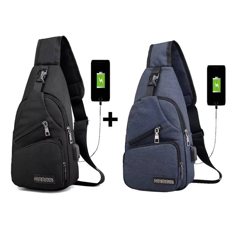 3 шт./лот мужские дорожные нагрудные сумки мужские зарядка через usb разъем для наушников дизайнерская сумка-мессенджер Оксфорд новая сумка через плечо диагональная посылка - Цвет: black blue 2PC