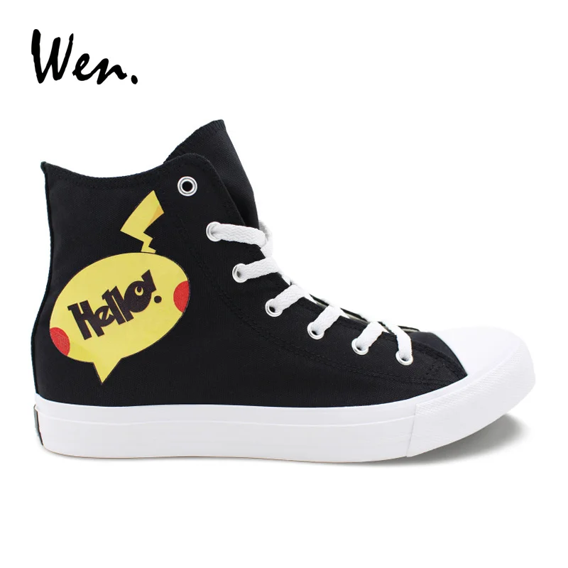 Wen Classic Black High Top Plimsolls Design Pokemon Style Hello! Go! Typography Game Casual Canvas Sneakers for Girls Boys