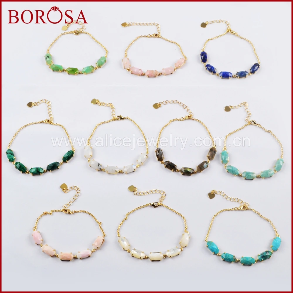 BOROSA 2 шт золотой шестигранник пять натуральных мульти-видов камня граненые Браслеты Модный розовый опал подвеска в виде ракушки браслет ZG0335