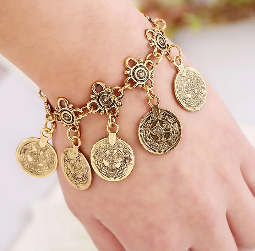 

2019 Bohemian Vintage Gold and Silver Tassel Coin Set Female Bracelet