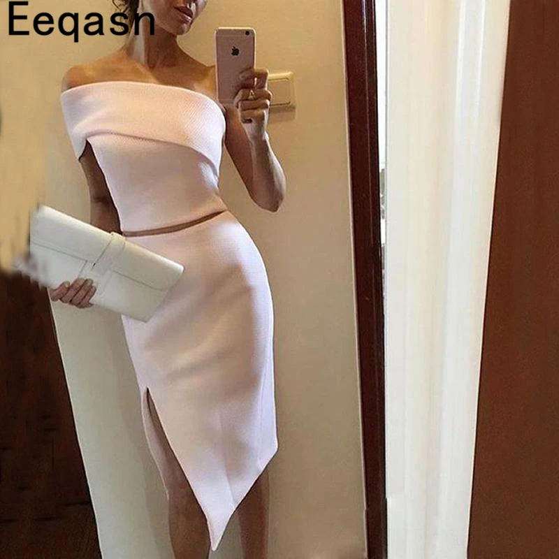 Two Pieces Knee Length Cocktail Dresses White Women Formal Party Gowns Sexy Side Split Gala Dress robe de cocktail Customized