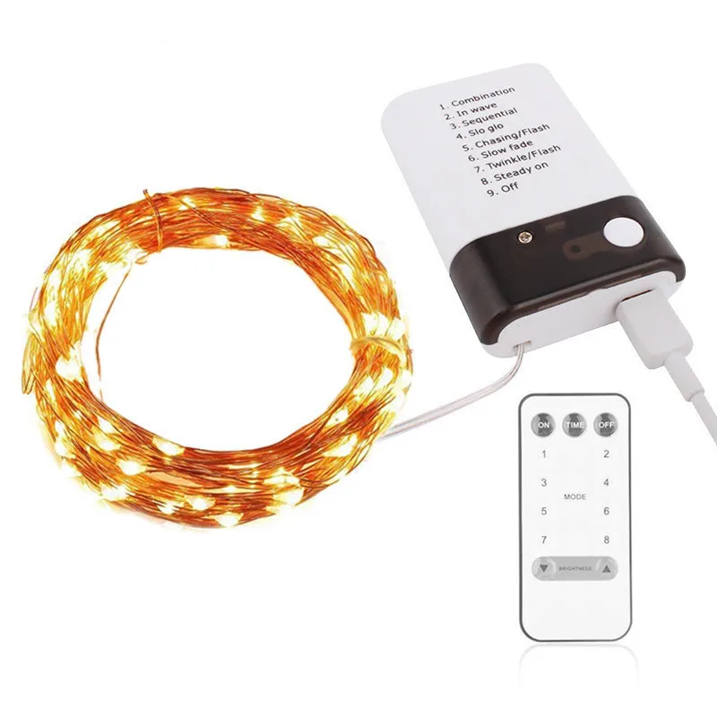 10 м 100 LED медный провод Светильник с батареей USB Dual Power пультом дистанционного