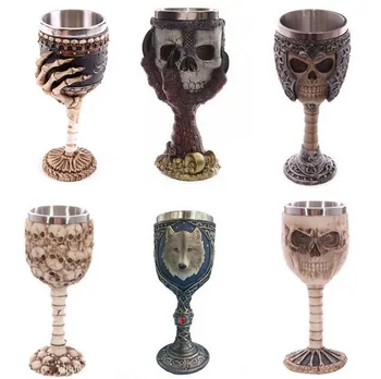 

24pcs/lot 200ml Double Wall Resin Stainless Steel 3D Skull Drinking Mug Personalized Dragon Bone Skull Metal Wine Goblet Cup Mug