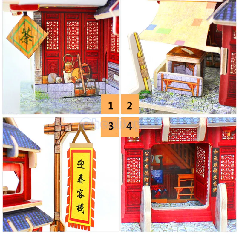 Красочные 3D деревянные головоломки Китая Стиль деревянный дом 3D Собранный Мини Дом Модель Наборы DIY Лобзики для детей развивающие