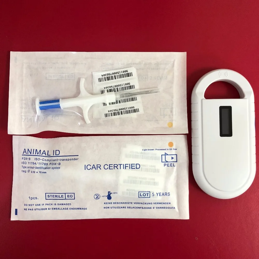 

3pc ISO FDX-B Pet RFID Chip Reader Portable OLED Animal Microchip Scanner +500pcs 2*12mm Rfid chip Syringe with custom number