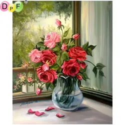 DPF DIY алмаз вышивка красный розовый цветок окно 5D ваза картина, вышитая бисером рукоделие подарок мозаика площади home decor