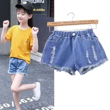 Летние Шорты для девочек джинсовые тонкие короткие штаны короткие брюки с эластичной резинкой на талии джинсы с дырками для девочек, подходят для роста от 90 до 160 см, шорты для девочек