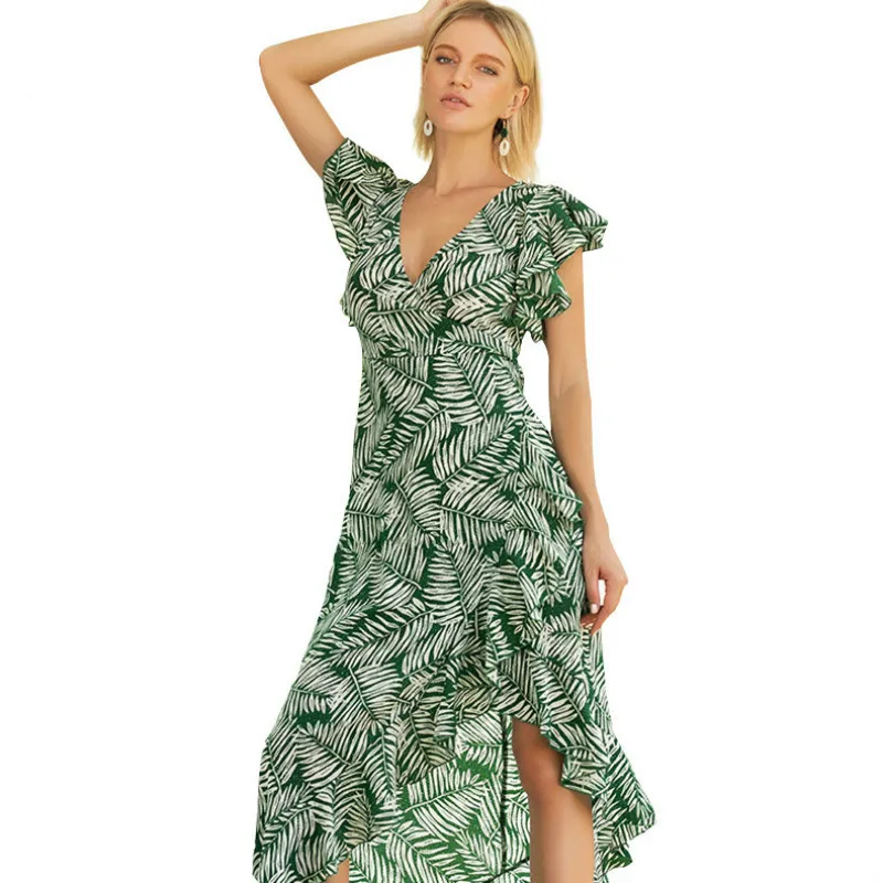 Модная одежда Гавайское платье Vestido с v образным вырезом и принтом Макси летнее