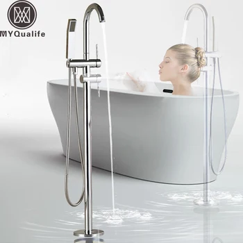 

Floor Mounted Bathtub Faucet Chrome with Hand Shower Bathroom Tub Sink Mixer Tap Free Standing Swivel Spout Shower Mixer Tap