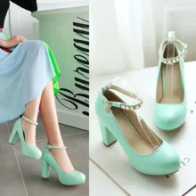 2016 Women’s Spring New Round Toed Platform Shoes With Thick Heels Buckle Elegant White Pumps