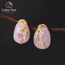 Lotus Fun Настоящее 925 пробы серебряные серьги для женщин натуральный розовый кварц камень ветка цветок серебряные серьги 925 ювелирные изделия