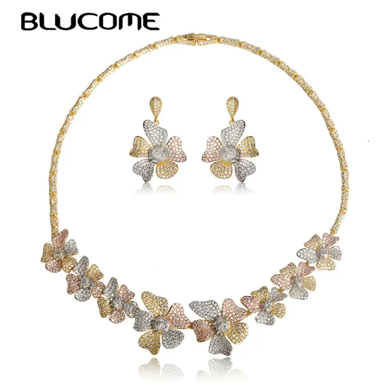 Blucome Exquisite Three Tones Colors Flower Shape Choker Necklace Earrings Set Jewelry Full Zircon Copper Wedding Sets For Women Blucome Exquisite Three Tones Colors Flower Shape Choker Necklace Earrings Set Jewelry Full Zircon Copper Wedding Sets For Women
