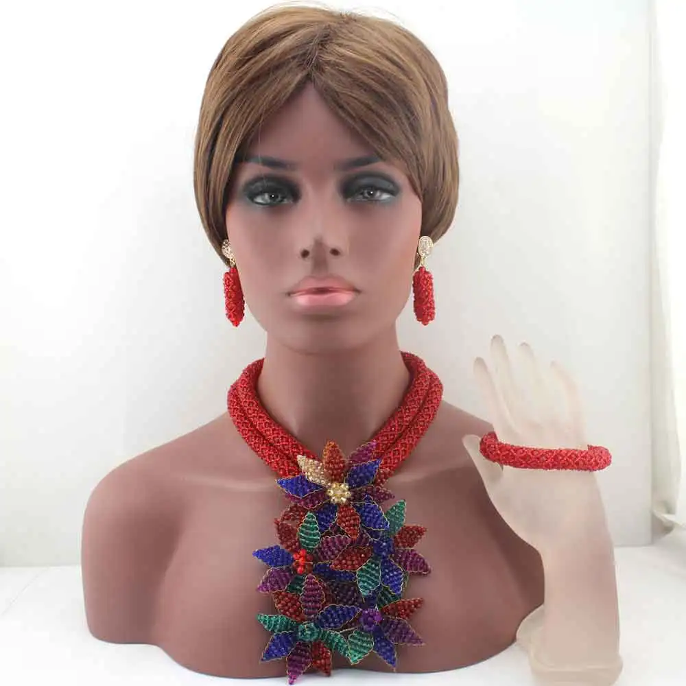 

Fashion New Red Crystal Flower Handmade Beads Jewelry Sets African Wedding Party Necklace Jewelry Set Free Shipping HD8636