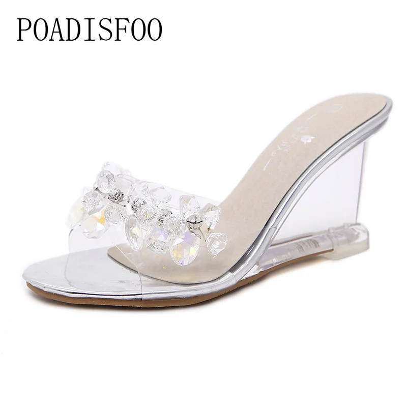 

POADISFOO Women Crystal Slipper Wedge Sandals Female Sexy Crystal Transparent High Heels Rhinestone Wedge Sandals LFD-883-5