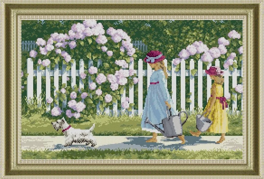 CS-1030 cross stitch kit flower pat gardening, girls water flowers.jpg
