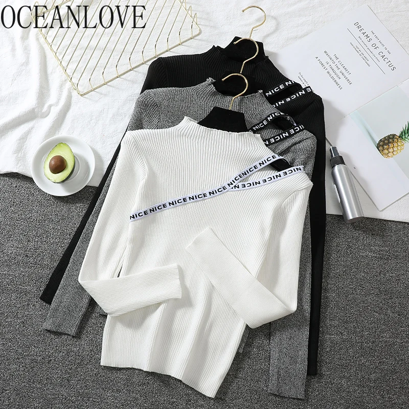 OCEANLOVE Sexy Print Letters Women Sweaters Hollow Out Short Chic Autumn Winter Thin Half Turtlenck Sueter Mujer 12641 | Женская одежда