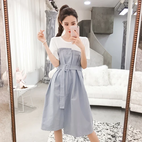 

Summer 2019 Korean Preppy Style Patchwork Fake Two Pieces Women Dress Short Sleeve Drawstring Fashion Femme Dresses Knee-length